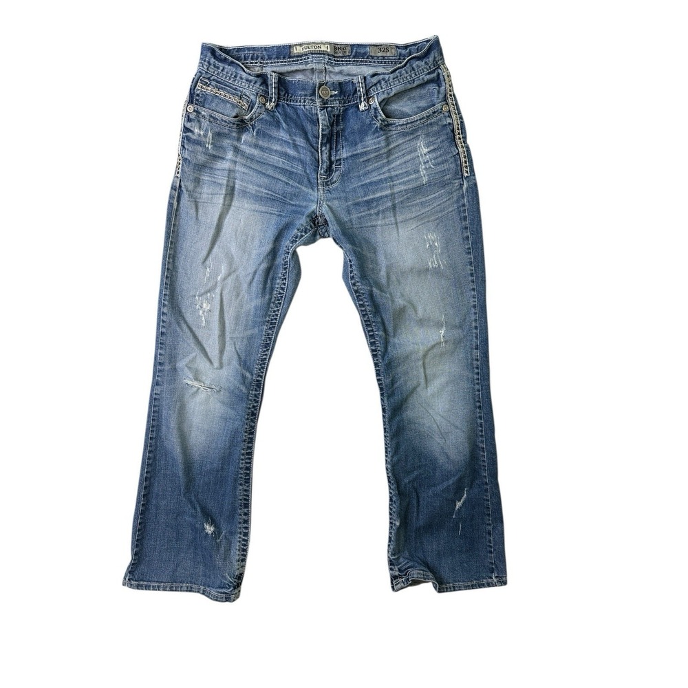 BKE Denim Fulton Bootleg Jeans Men 32 Short Blue‎ Wash Thick Stitch Detail